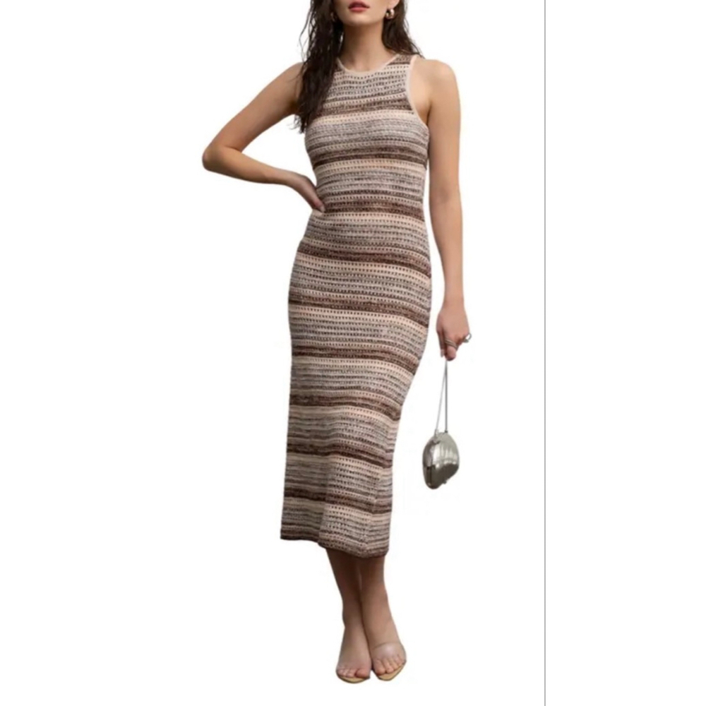 Women's by the River Brown & Beige Striped Crochet Knit Midi Dress M